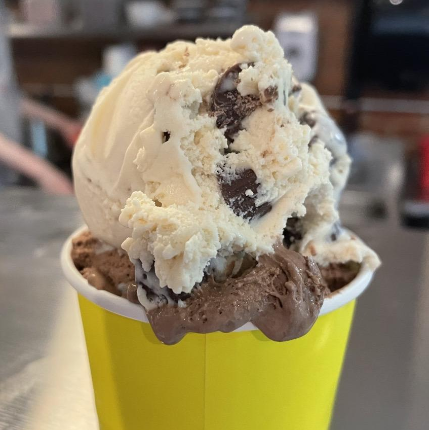 Photo of Dark chocolate rocky road (bottom) and Reese's Peanut Butter Cup from Toscanini's Ice Cream